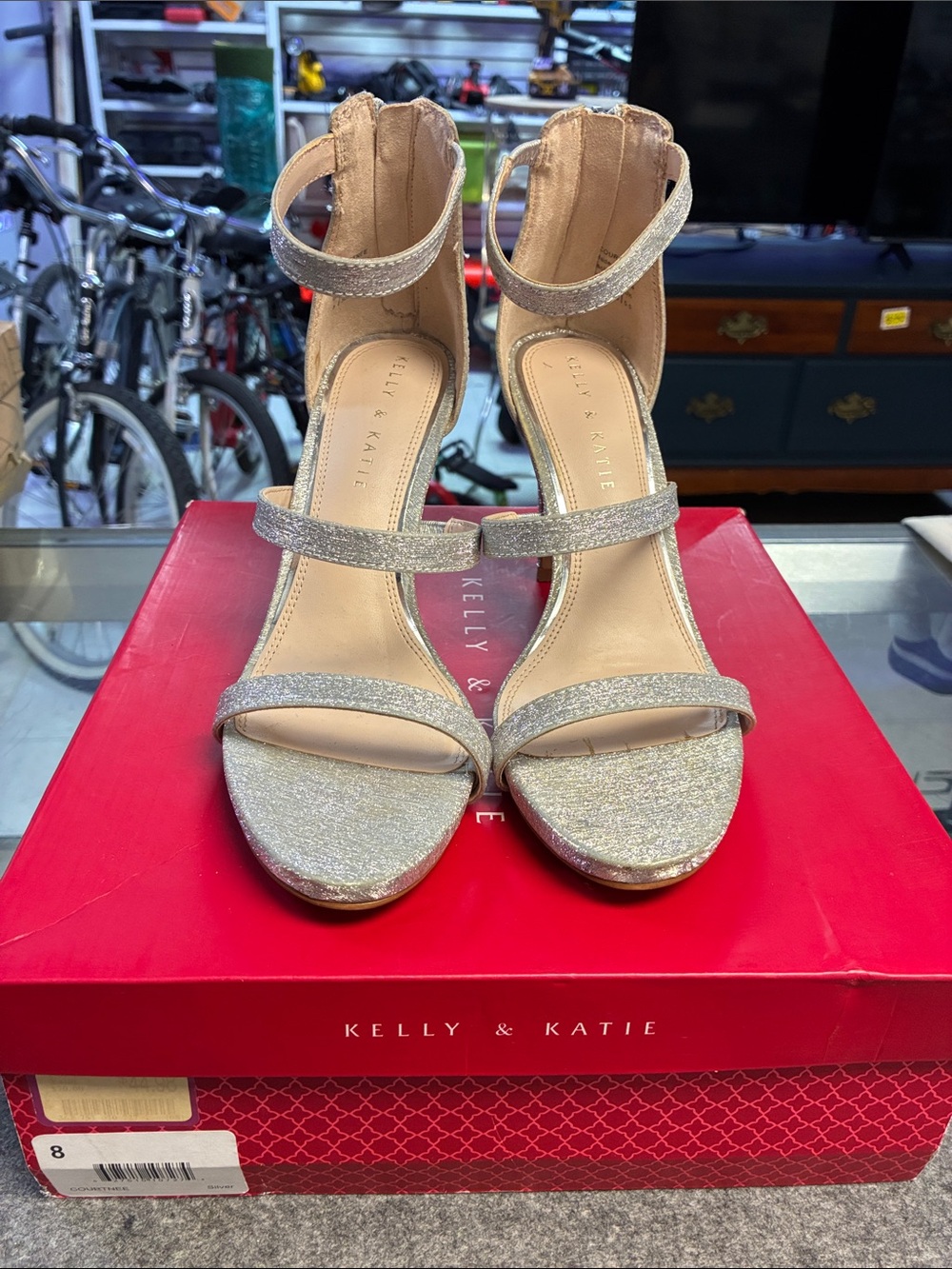 Kelly & Katie Silver Glitter Strappy Block Heel Sandals